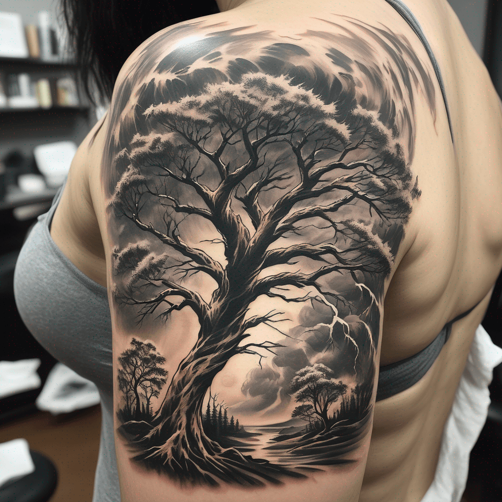 Nature scene with a powerful storm and a tree, representing family unity and resilience, intricate details and dynamic colors. for upper arm and shoulder