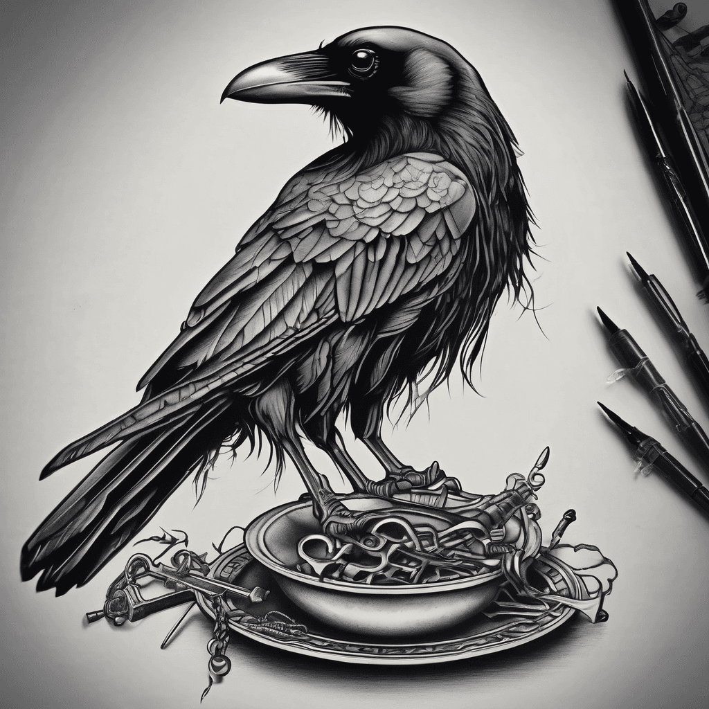 Raven clutching a vintage skeleton key in its beak, perched on a shallow dish filled with assorted skeleton keys and delicate feathers.