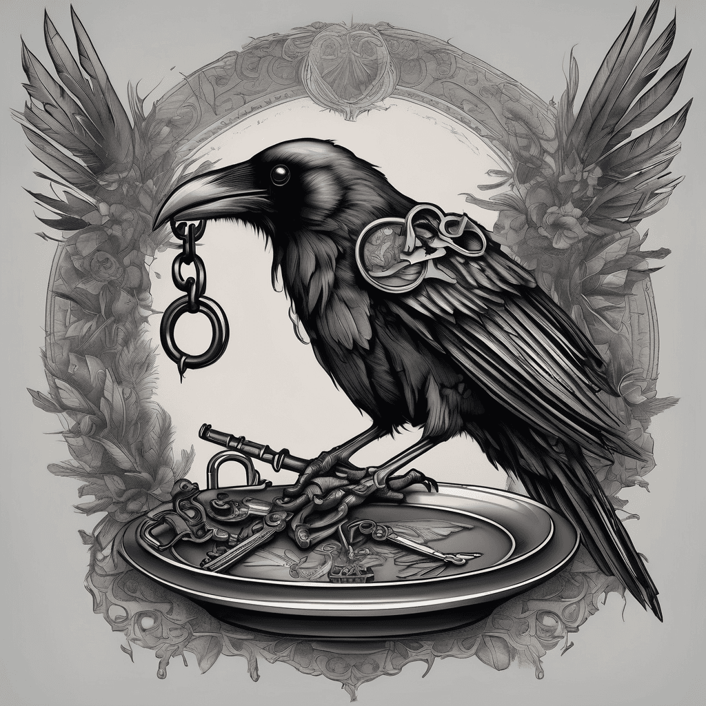 Raven clutching key in beak sitvintage skeleton key in its beak, perched on a shallow dish filled with assorted skeleton keys and delicate feathers.