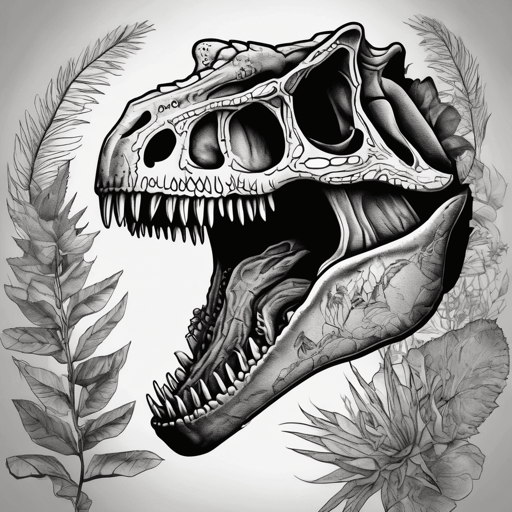 T rex skull with jurassic plants