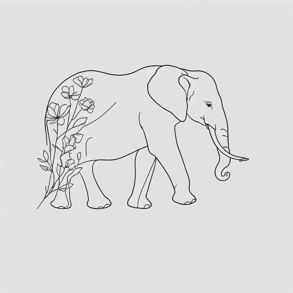 Outline of a elephant with flowers on forearm