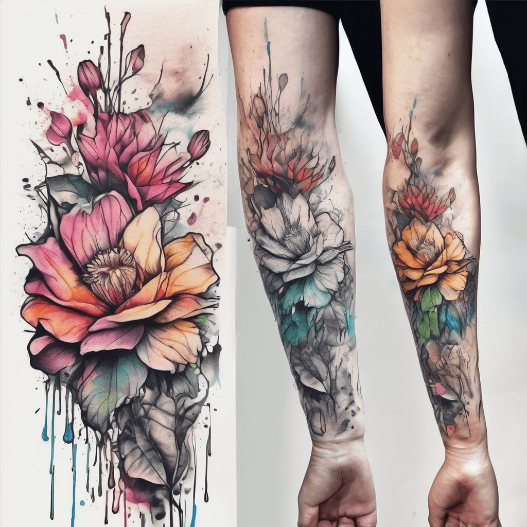 Flowers covering forearm, with splashes of colour