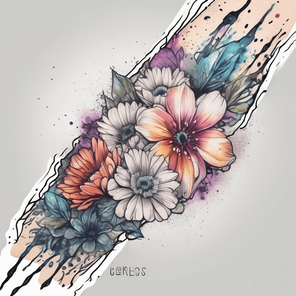 Flowers covering forearm, with splashes of colour