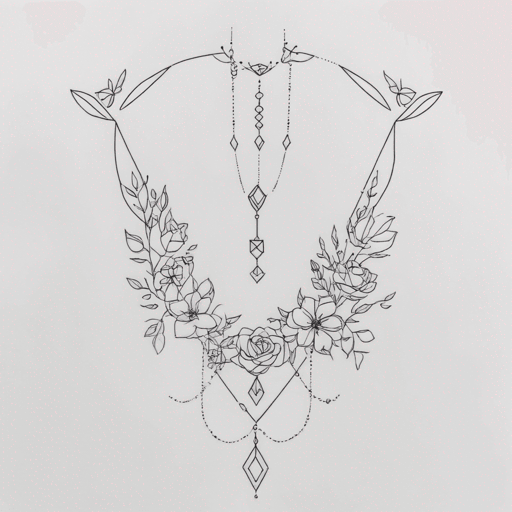 Sternum tattoo with jewellery and flowers
