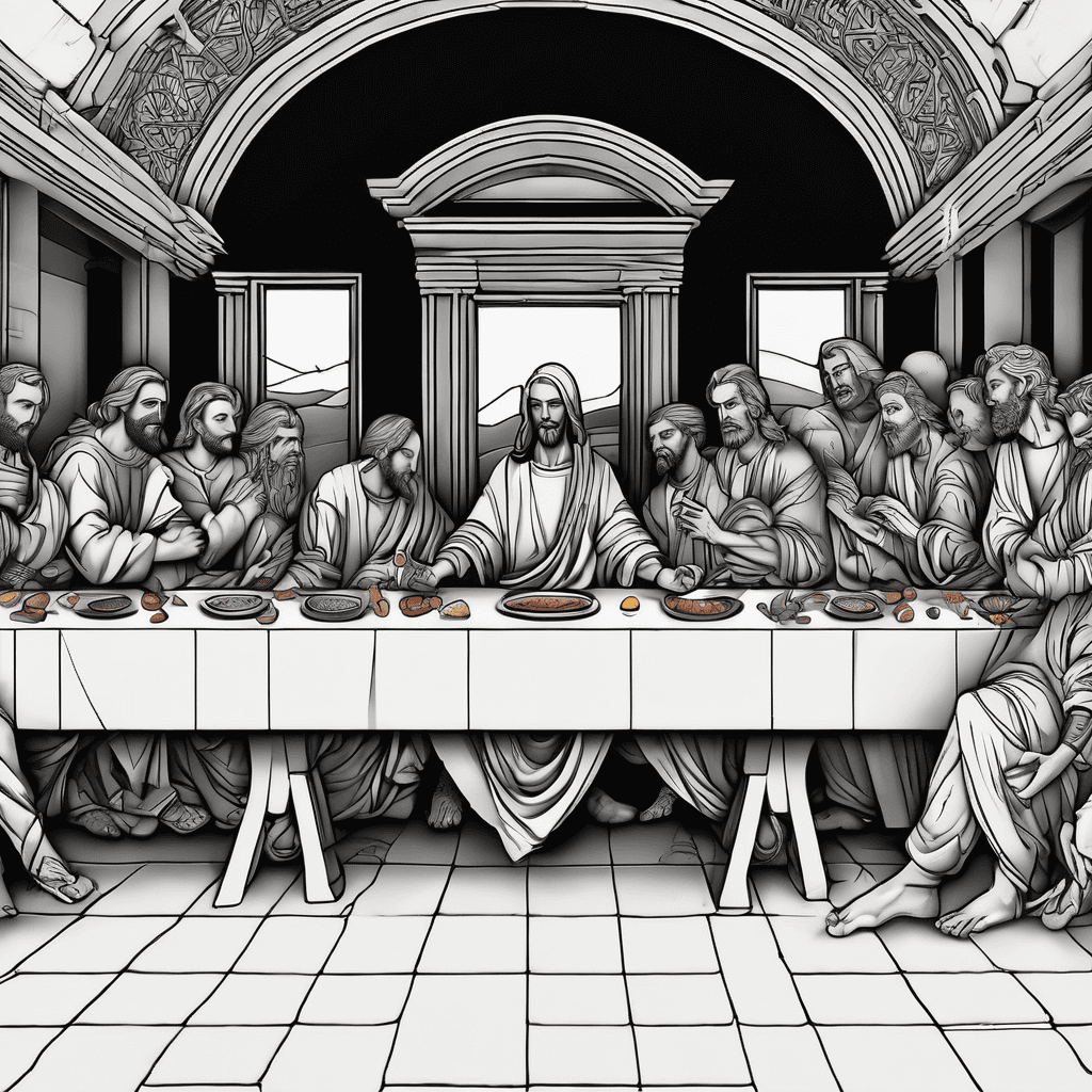 A modern reinterpretation of The Last Supper, featuring diverse figures in vibrant colors, intricate details, and an abstract background.