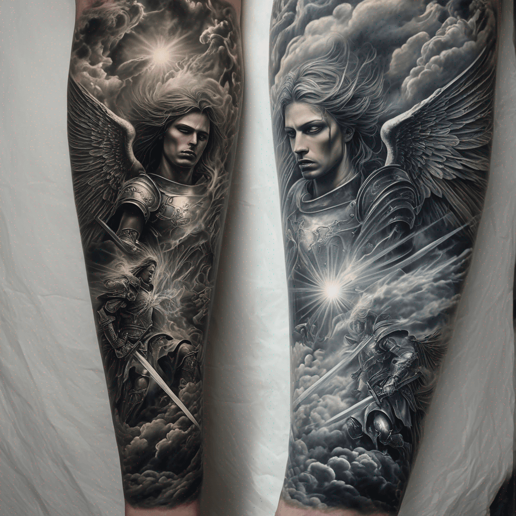 Full arm sleeve tattoo in black and grey realism: Upper arm with majestic knights in shining armor and angel wings at Heaven's gates; mid-arm battle with dramatic clouds and light; forearm of Hell with terrifying demons, fire, and jagged rocks; epic detail and shading, tattoo stencil style.