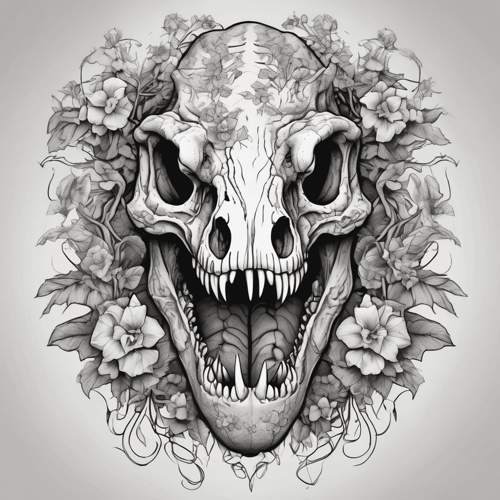 A T-Rex skull intertwined with lush vines, symbolizing nature reclaiming life, with small flowers blooming from its eye sockets. Designed for a man.