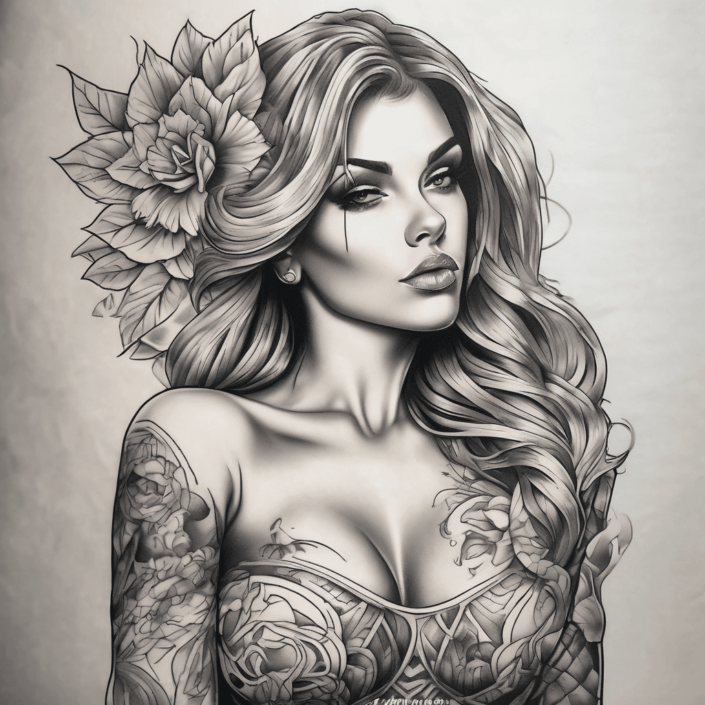 Upper arm tattoo design featuring an elegant topless woman, artfully posed with her breasts subtly highlighted, embodying beauty and strength.