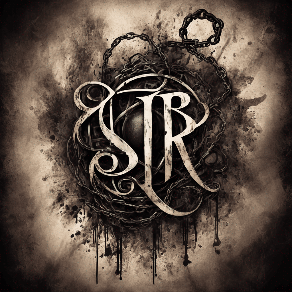 The word 'Sir' subtly blended into a dark, edgy tattoo design. The lettering should feel hidden within the art, hard to read at first glance, with sharp, gothic-inspired lines and distressed textures. Incorporate BDSM undertones — elements like leather straps, chains, cuffs, barbed wire, or subtle hints of domination woven into the design. The overall mood should be intimidating, erotic, and powerful, with the word 'Sir' emerging as a secret mark of authority.