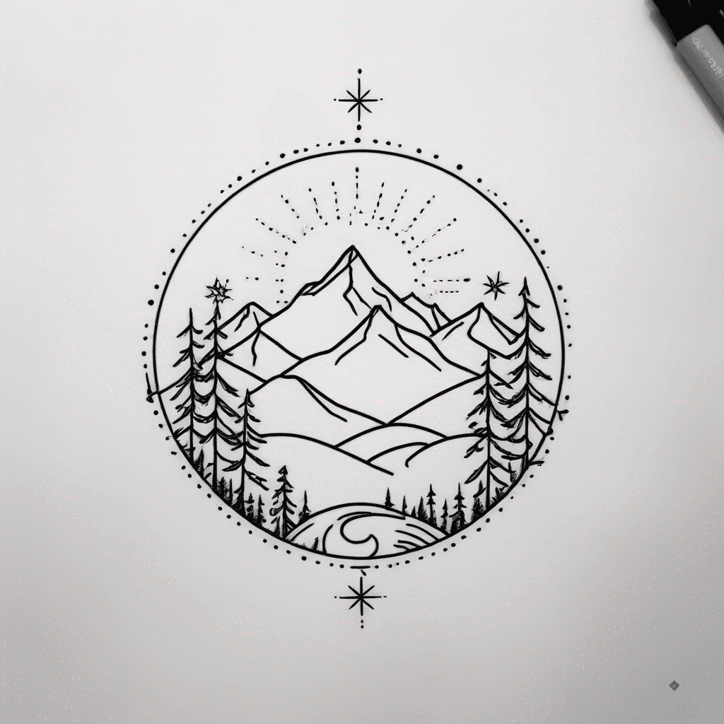 Minimalist tattoo design featuring a mountain landscape with more trees, a small sun peeking behind, dotted circle, and edelweiss flower draping around the bottom.