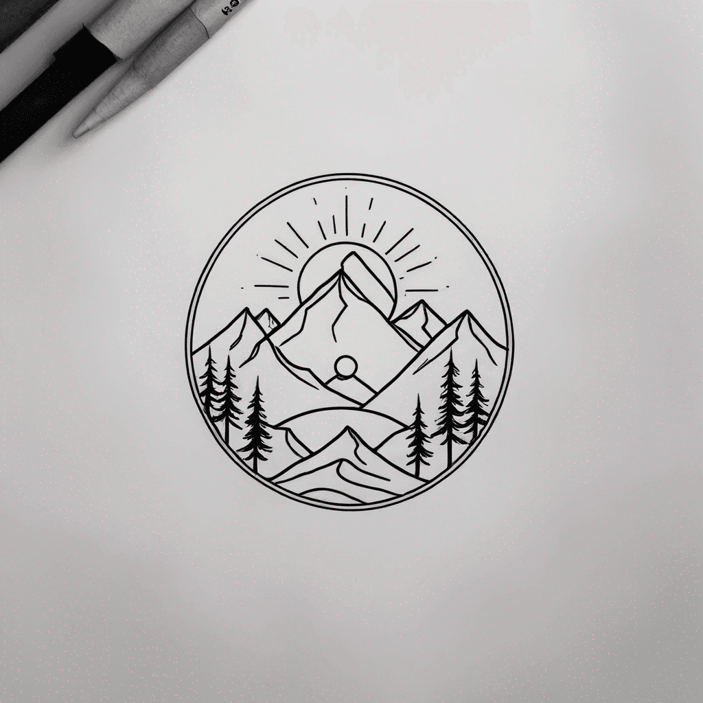 mountains with trees left and right below mountain, small sun with rays