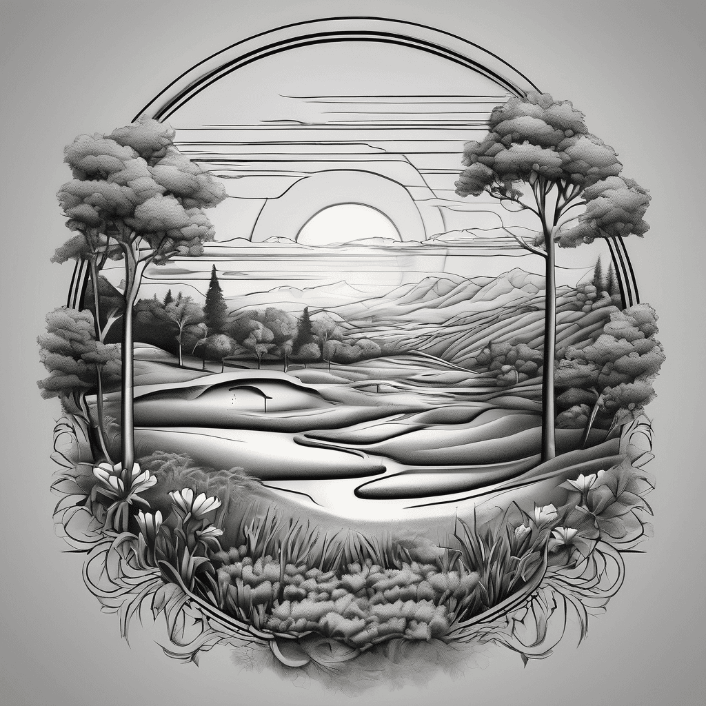 Golf course landscape at sunset framed floral elements