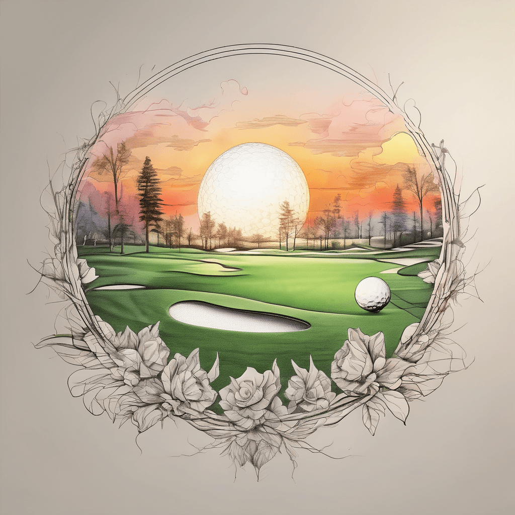 Golf fairway fores at sunse framed floral elements