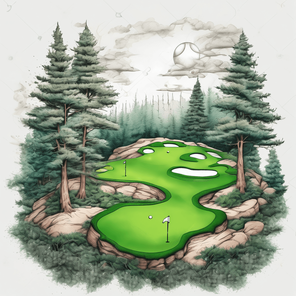 Golf putting green with pine trees with angelic presence