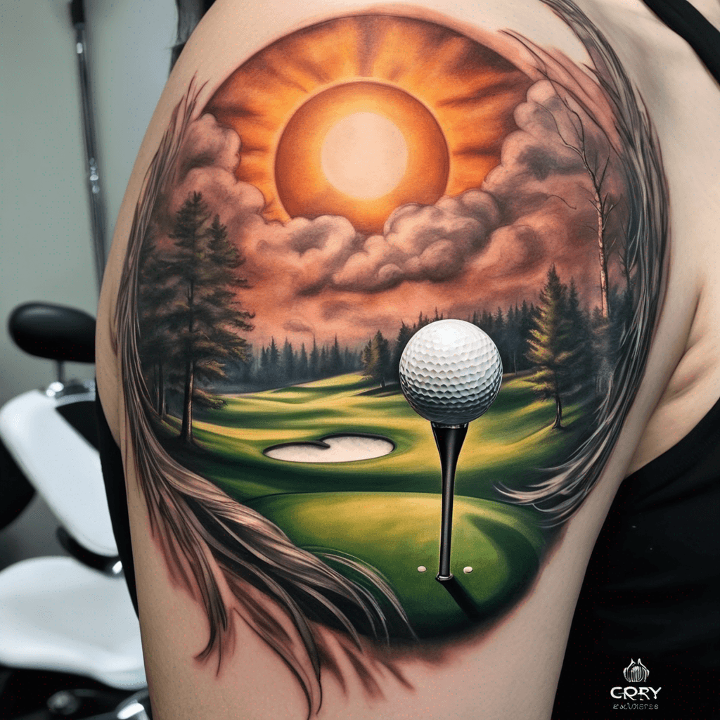 Golf course with celestial sun rays and an angelic presence