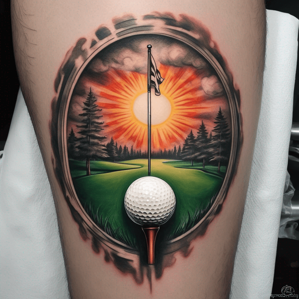 Golf course hole with flag with celestial sun rays and an angelic presence