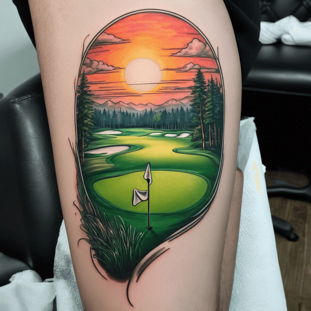 Golf course putting green at sunset