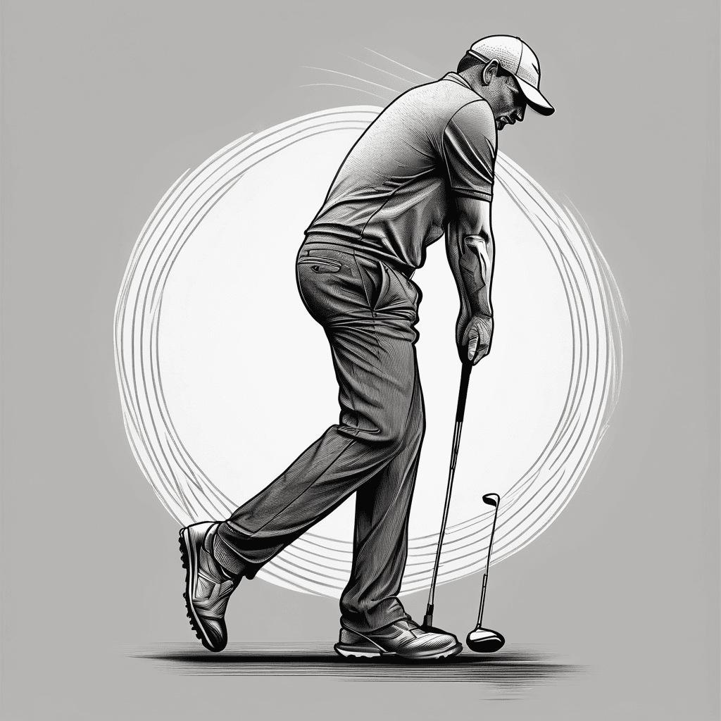 Golfer facing away with hand on hip leaning on golf club