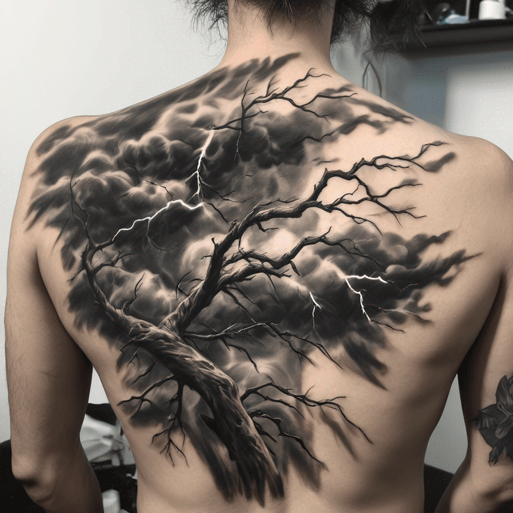 A dramatic storm scene in nature, featuring dark clouds, lightning and vibrant birds perched on a gnarled tree branch, showcasing movement and energy.