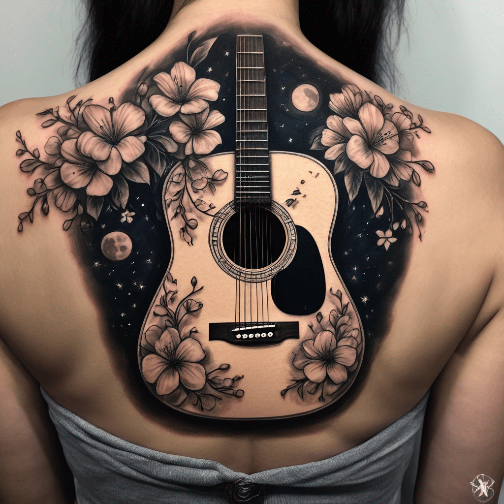 intricate D28 acoustic guitar, with delicate flowers behind it, and against the nighthe night sky and stars