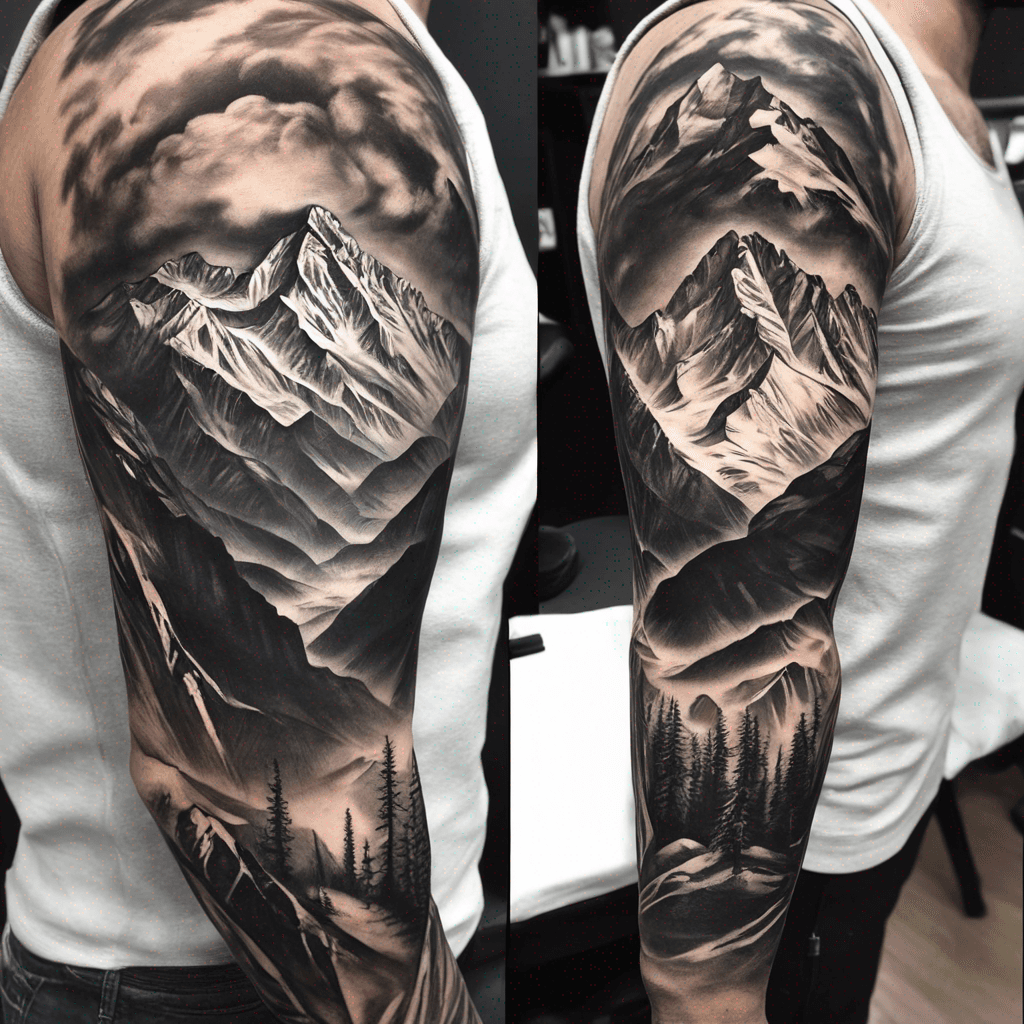 Sleeve tattoo. Mountaineering in alpes.