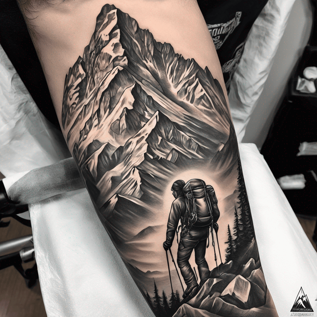 Alpine mountaineering sleeve tattoo featuring majestic peaks, climbing gear, serene nature, and a sunset backdrop. add climbers
