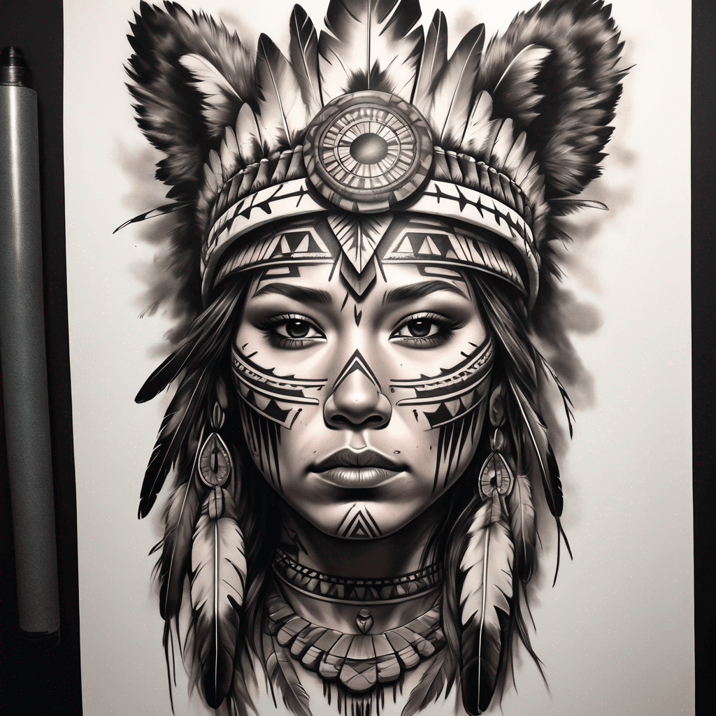 Young female Native American adorned with a detailed bear headpiece, showcasing strength and cultural symbolism, vibrant colors, intricate patterns.