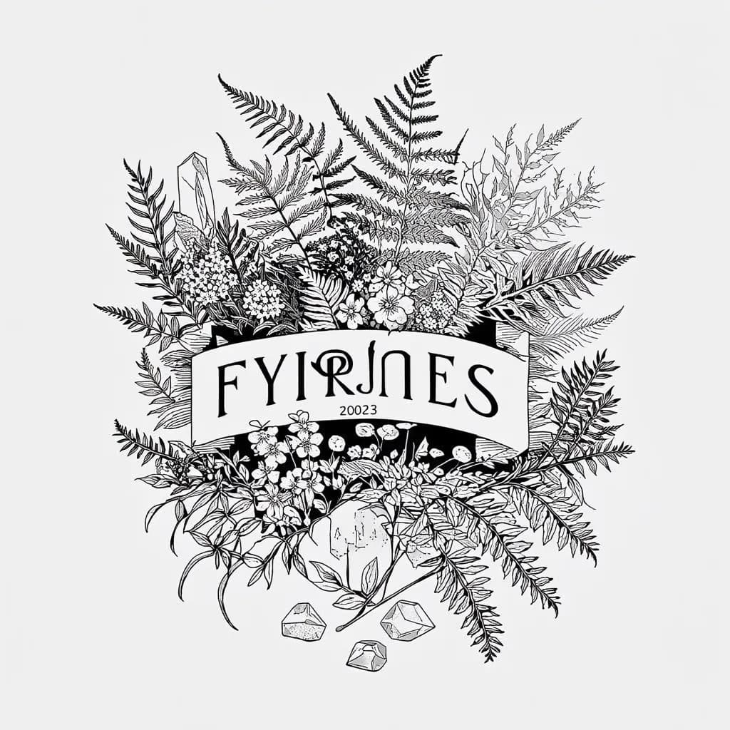 "Fyrnes" ontop "est.2025" on bottom, ferns leaves bouquet, 1 tiny quartz, some wildflowers