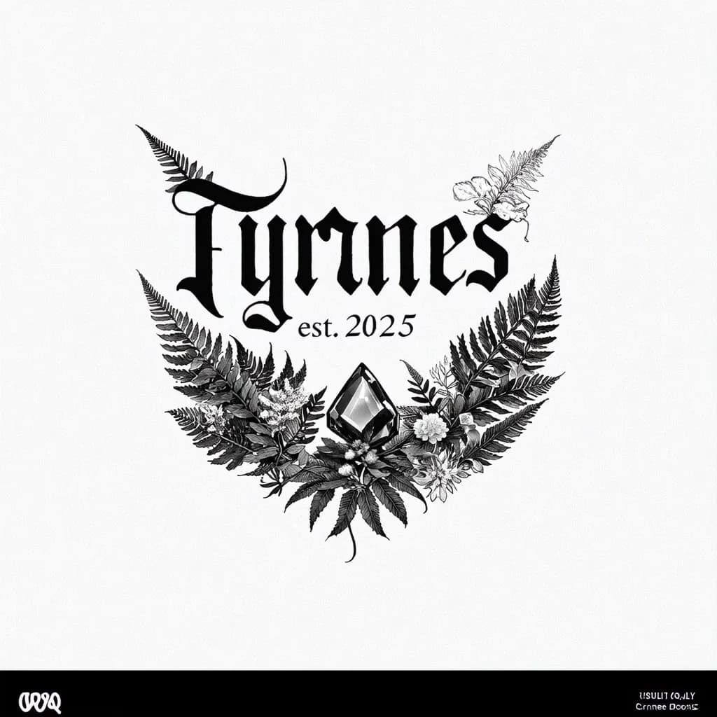 "Fyrnes" ontop "est. 2025" on bottom with fern leaves, quartz.