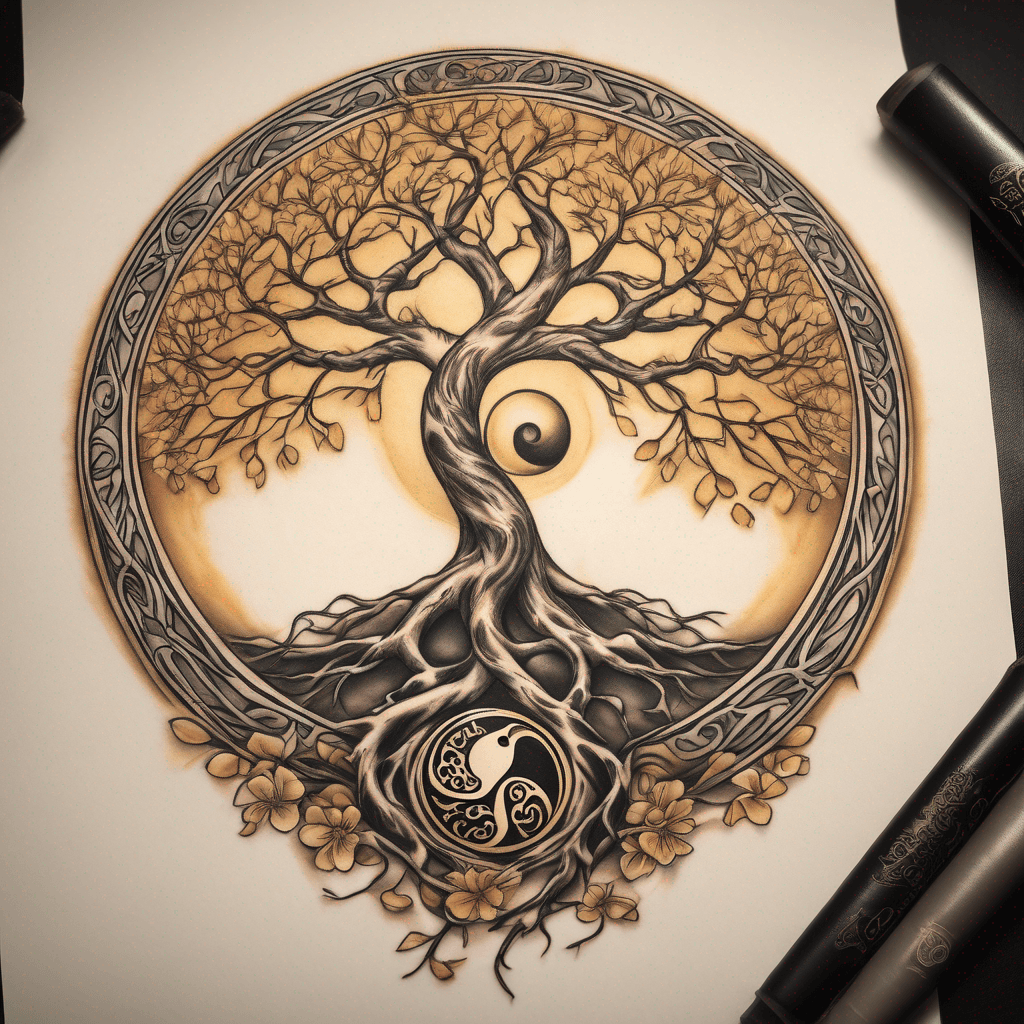 Create a circular tattoo design featuring a golden yin-yang symbol intertwined with the tree of life. The upper half displays intricate, leafy branches and blossoms forming the tree’s canopy, while the lower half consists of stylized, spreading roots. The entire design is set within a thin decorative border. Blend spiritual balance with natural elements. The style should be elegant, modern, and highly detailed, with the flowing branches and roots seamlessly integrating into the yin-yang curves.