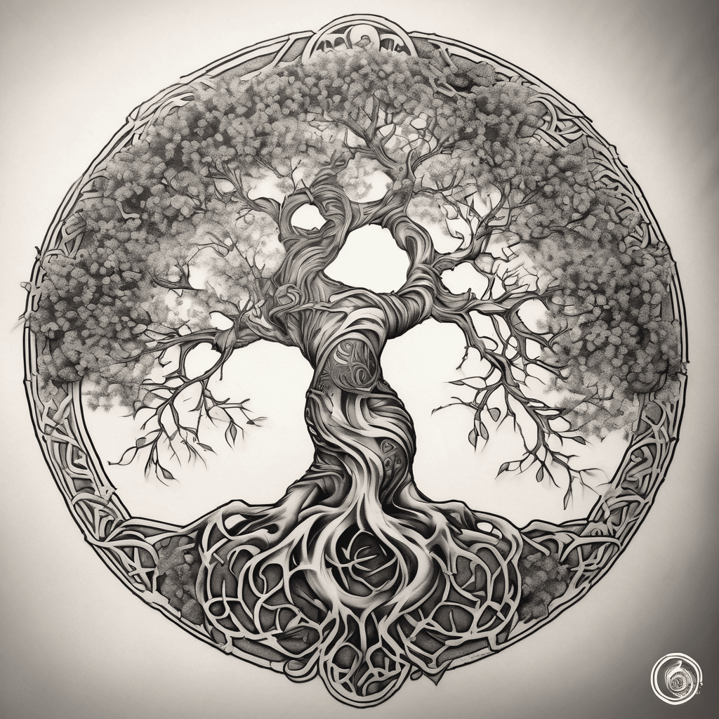 Create a circular tattoo design featuring a golden yin-yang symbol intertwined with the tree of life. The upper half displays intricate, leafy branches and blossoms forming the tree’s canopy, while the lower half consists of stylized, spreading roots. The entire design is set within a thin decorative border. Blend spiritual balance with natural elements. The style should be elegant, modern, and highly detailed, with the flowing branches and roots seamlessly integrating into the yin-yang curves.