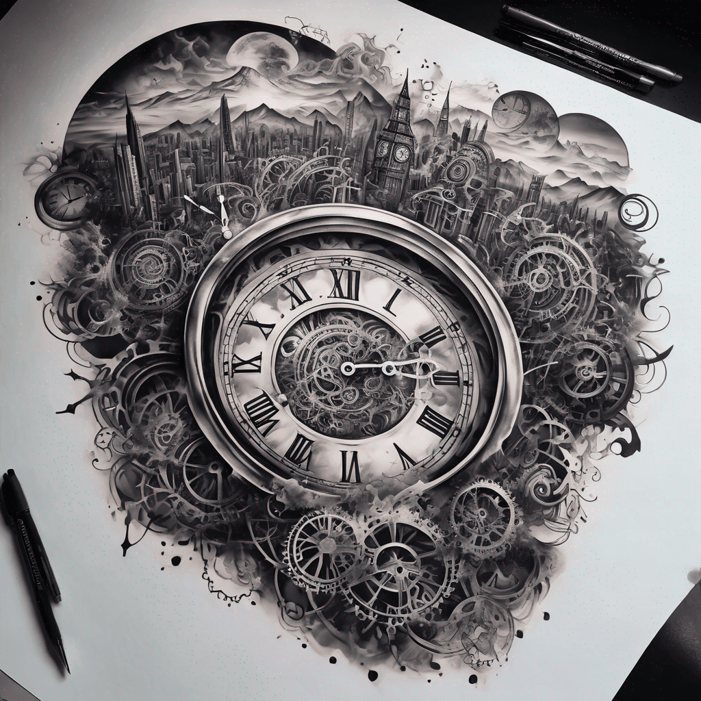 Three intricate clocks showing inner workings, set against a detailed London cityscape; majestic mountains above, serene sunset beach below.
