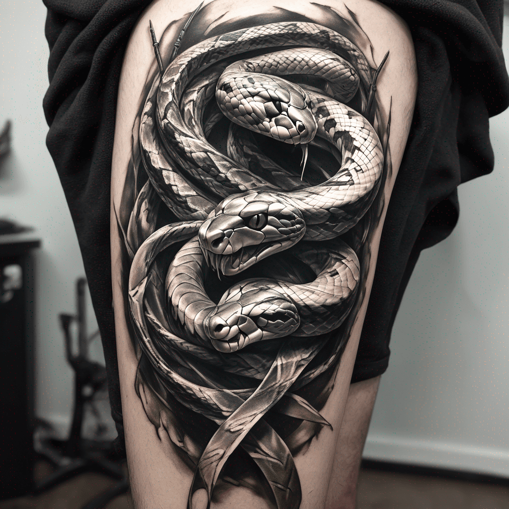 A snake shedding its skin wrapped around a broken sword, symbolizing transformation through pain, in dark blackwork style