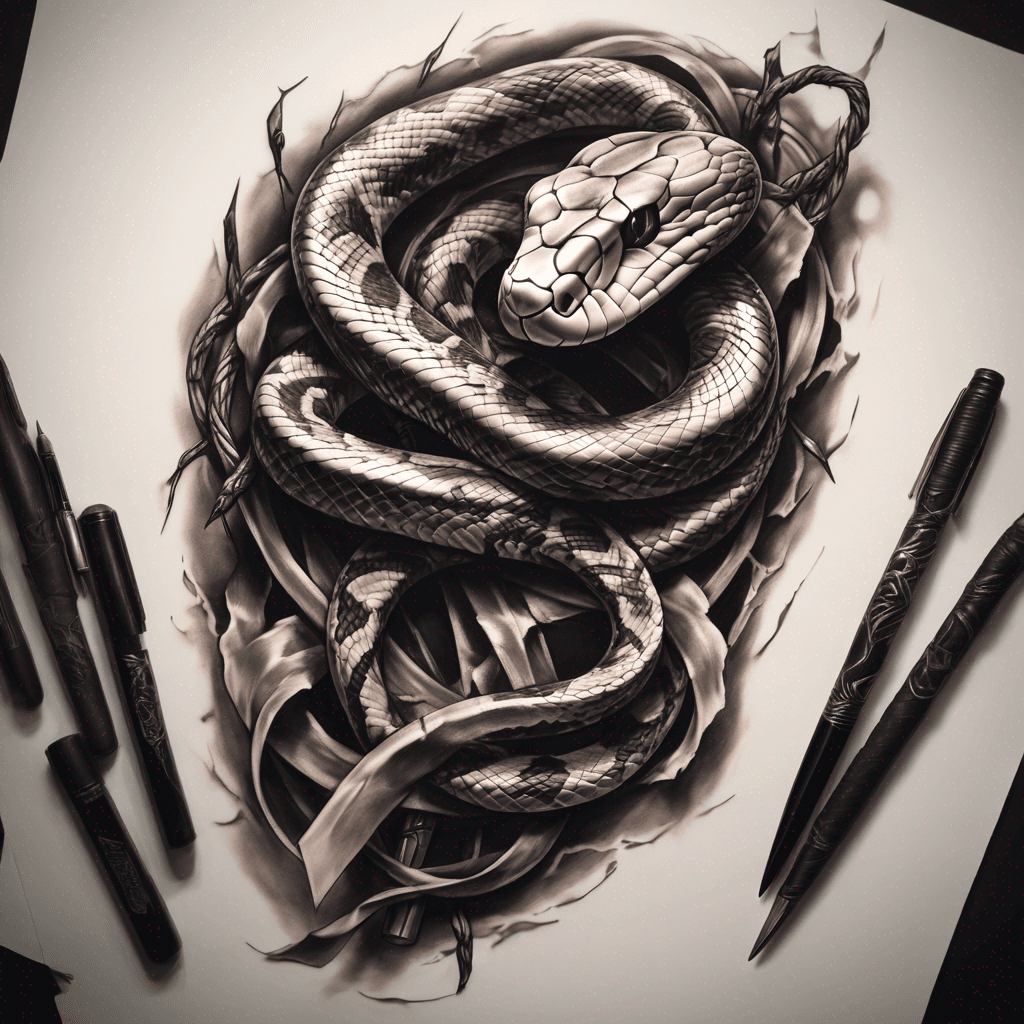 A snake shedding its skin wrapped around a broken sword, symbolizing transformation through pain, in dark blackwork style