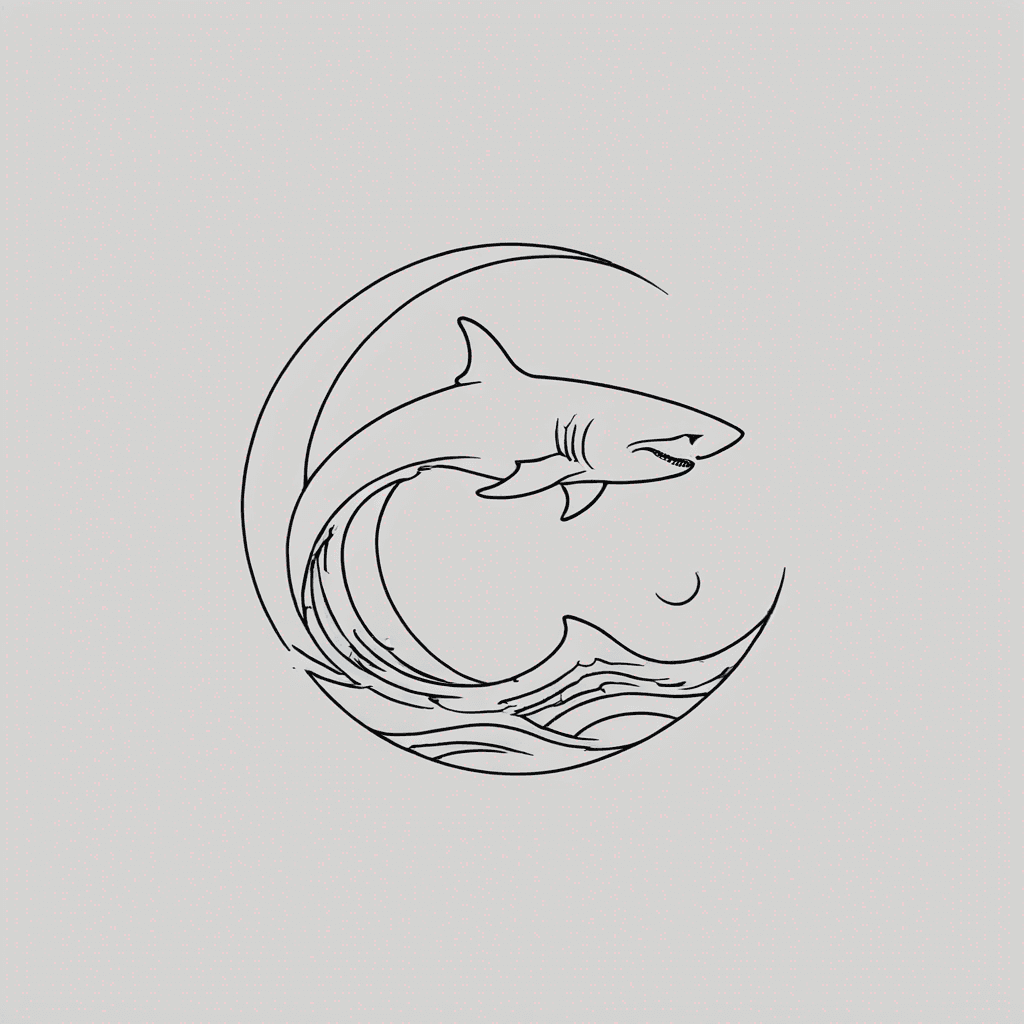 A sleek shark silhouette swimming in a crescent moon, with ocean waves blending into the moonlight—symbolizing strength and mystery.
