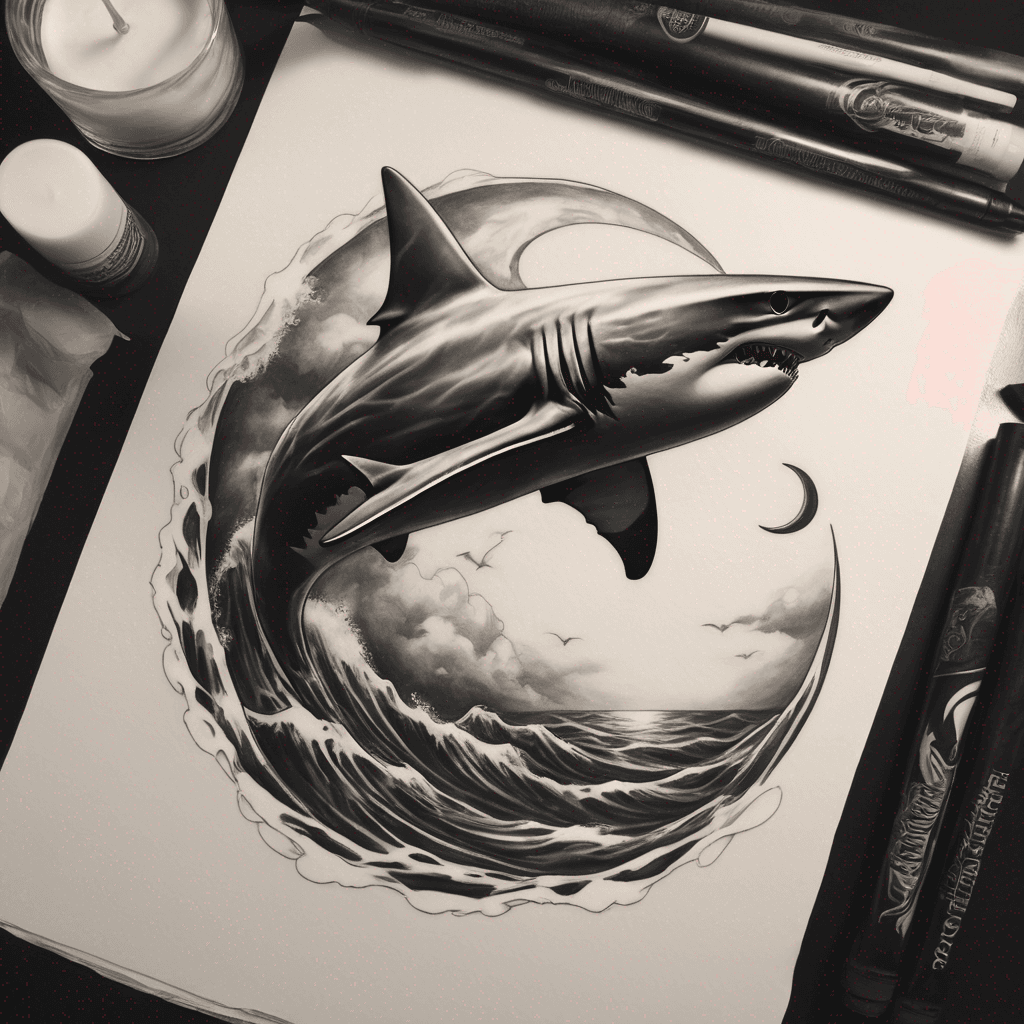 A sleek shark silhouette swimming in a crescent moon, with ocean waves blending into the moonlight—symbolizing strength and mystery.