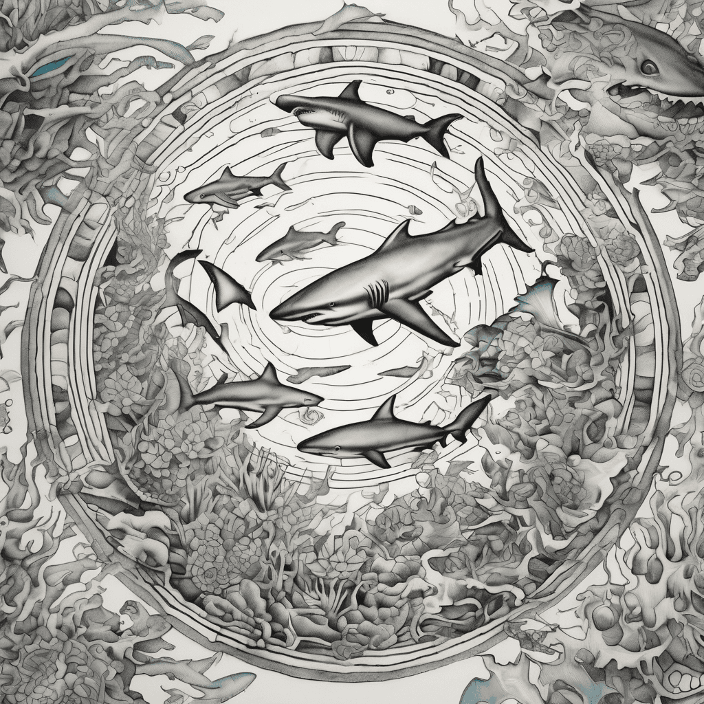 A circular design showcasing several sharks swimming in intricate patterns among coral, viewed from above, with vibrant blues and greens.