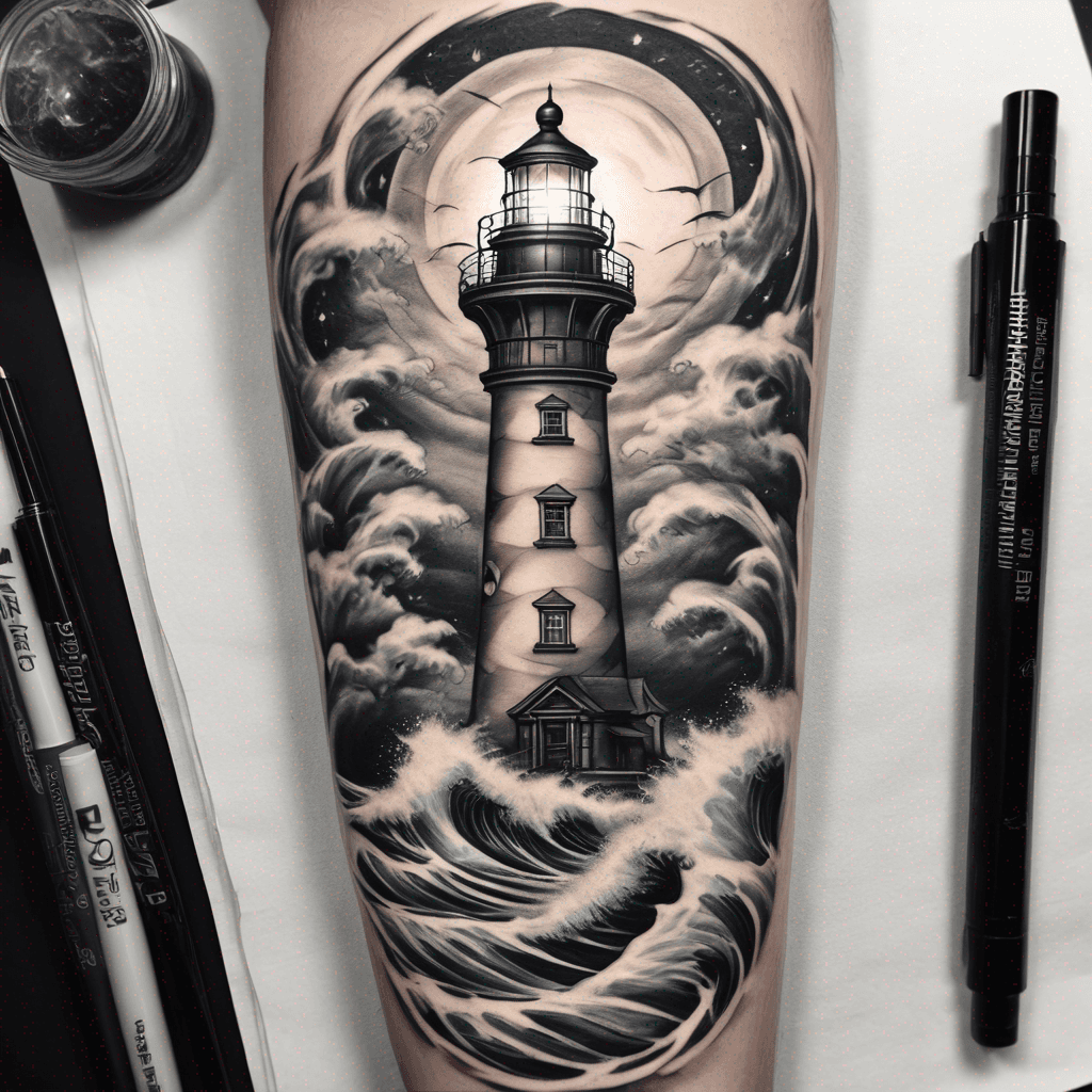 "Intricate lighthouse design with waves crashing at its base, a glowing light at the top, surrounded by starry night sky elements."