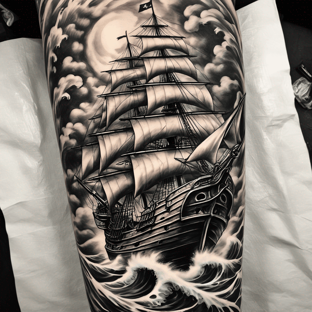 A vintage pirate ship sailing through waves, with a glowing lighthouse on one side and an old-school diver exploring the depths on the other.