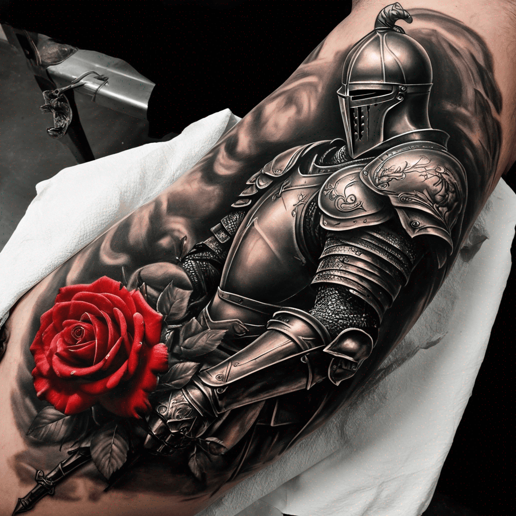 Black and gray realism tattoo, kneeling knight side view, medieval armor, crestfallen, sword discarded at feet, holding single red rose, grayscale shading, red spot color rose, dramatic lighting, highly detailed, realistic shading, tattoo design.