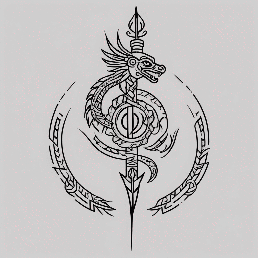 Intricate Mayan tribal tattoo featuring a feathered serpent elegantly coiling around a single dagger