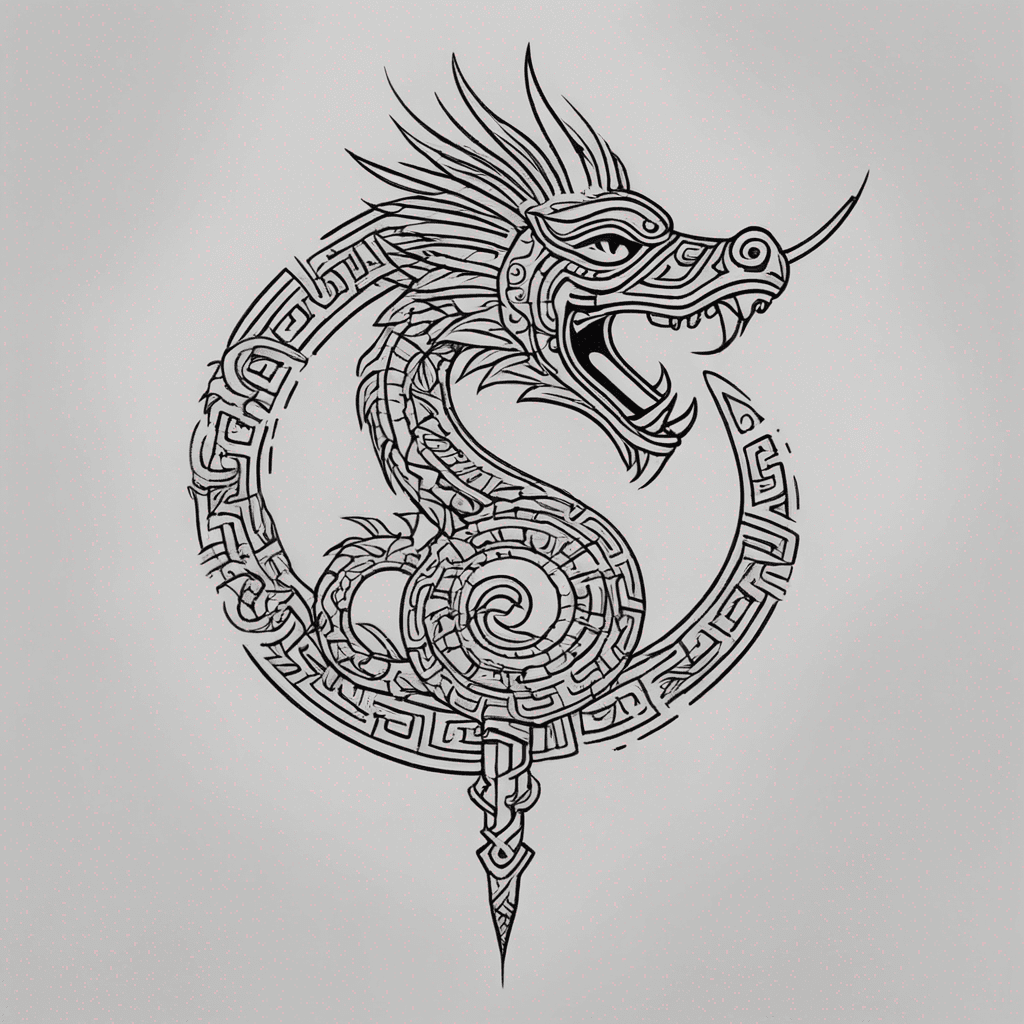 A detailed tribal feathered serpent, intricately coiled around a sharp dagger, blending traditional motifs with vivid patterns and sharp contrasts.