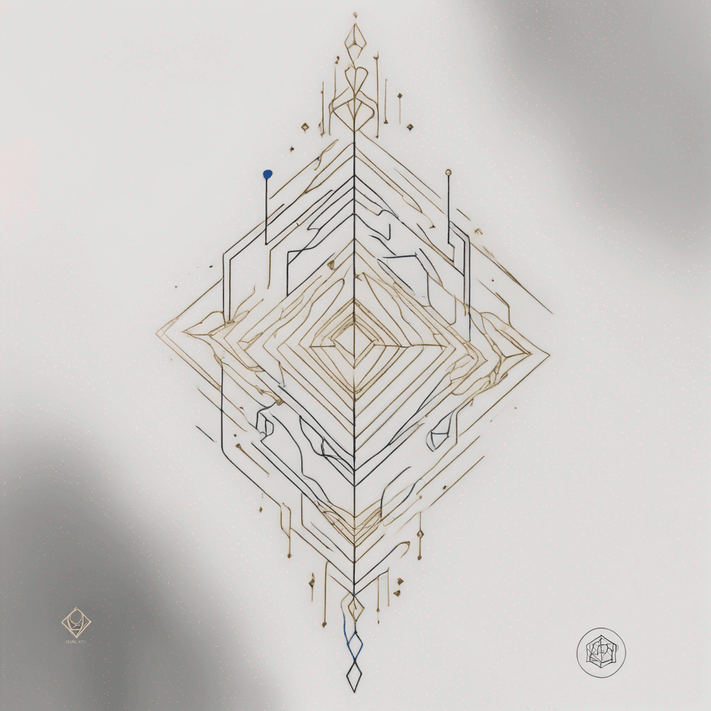 A bold upper arm tattoo blending molten gold flows with sharp geometric lines and fractals, accented by blue and platinum in a luxury design.