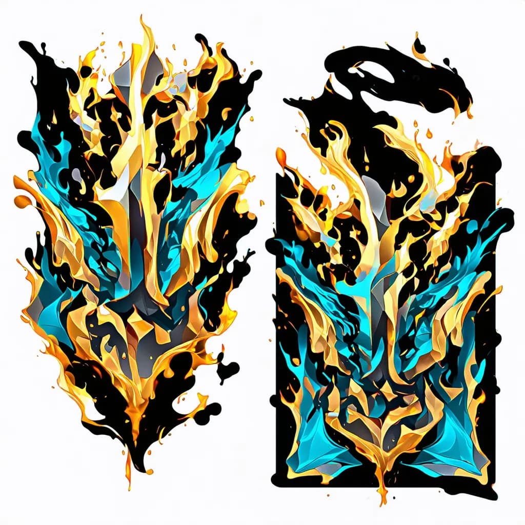 A bold upper arm tattoo blending molten gold flows with sharp geometric lines and fractals, accented by blue and platinum in a luxury design.