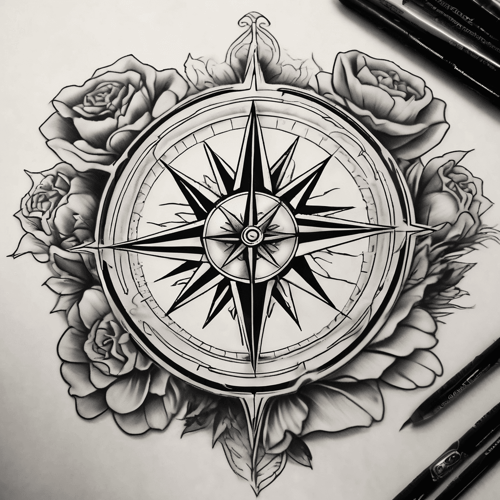 compass design with detailed shadowing, elegantly incorporating a single, delicate carnation blooming from the center.