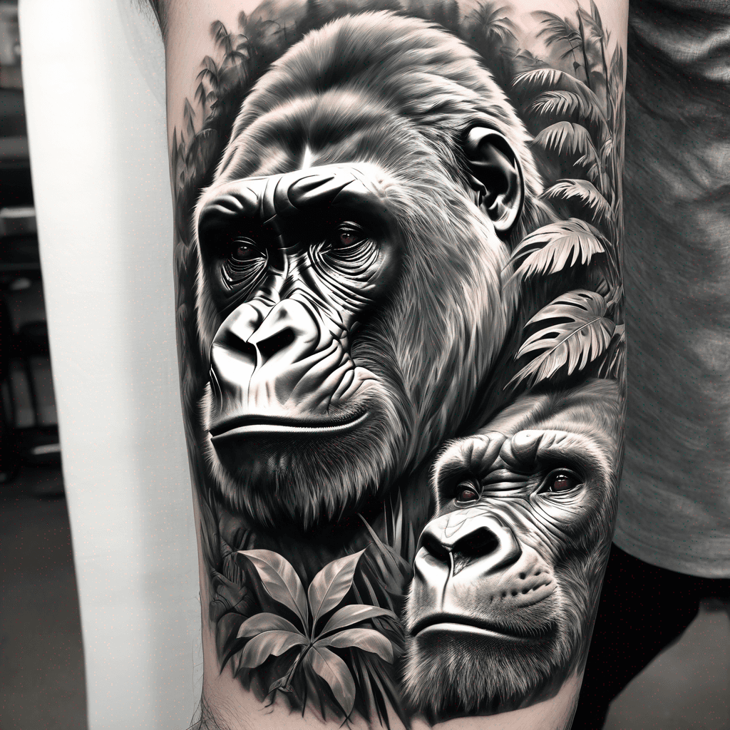 A detailed greyscale jungle scene featuring a majestic gorilla and a sleek jaguar, intertwined with artistic leaf negative space accents.