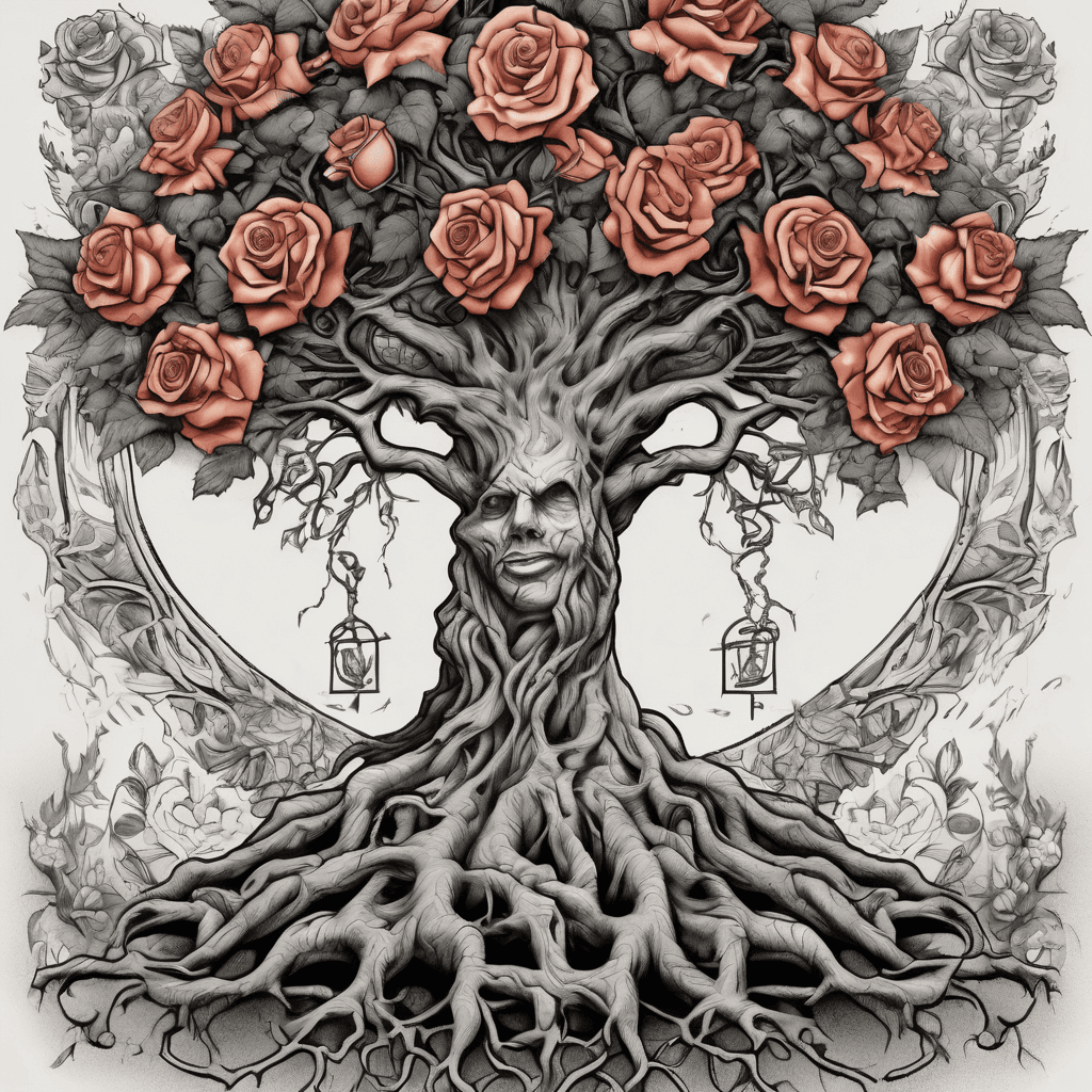 A strong tree with deep roots, four prominent branches for each sonfhfhf (TDB, AJB, ZSB, NHB), a heart-shaped cavity holding the wife’s October birth flower.