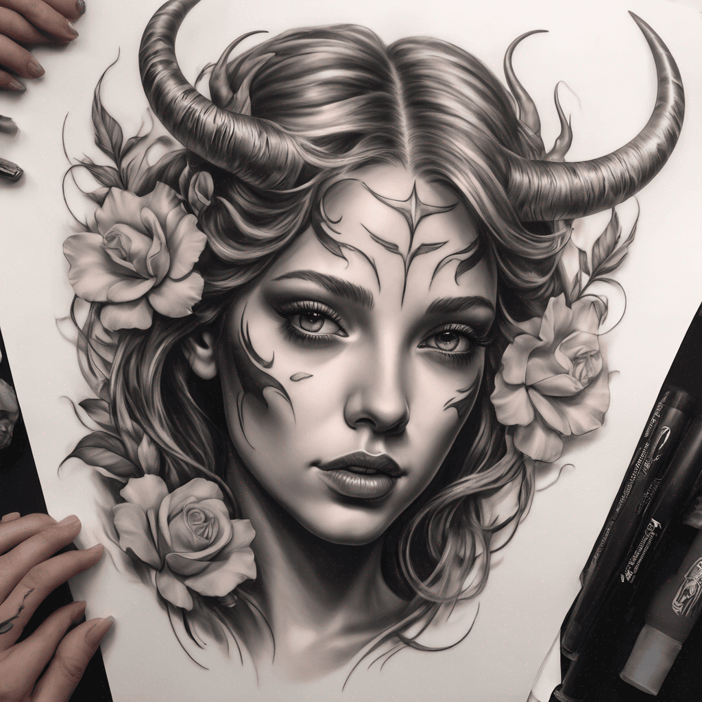 female horns, ethereal wings, and mesmerizing eyes, adorned with delicate floral tattoos.