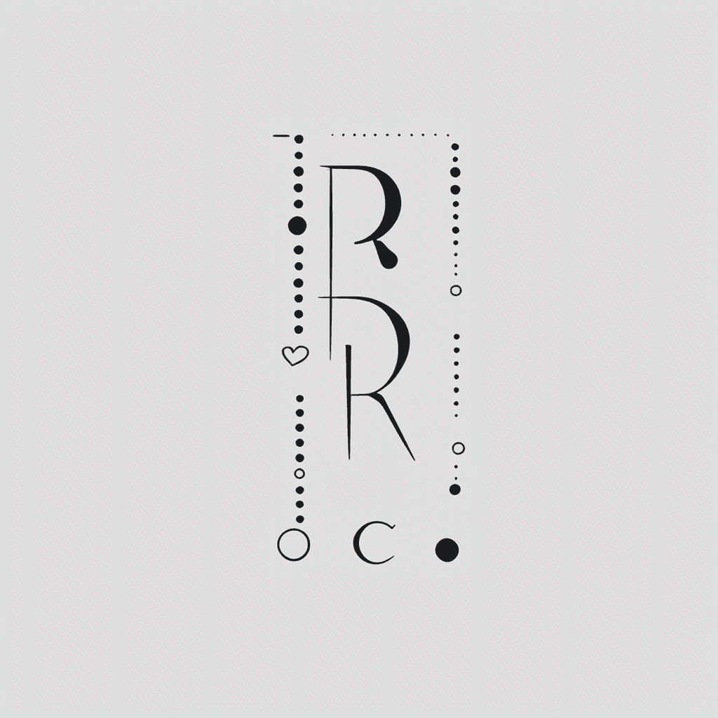 Create a minimalist vertical tattoo featuring: an uppercase block letter 'R', three evenly spaced dots, a small heart beneath the last dot, followed by three more dots, and concluding with an uppercase block letter 'M'.