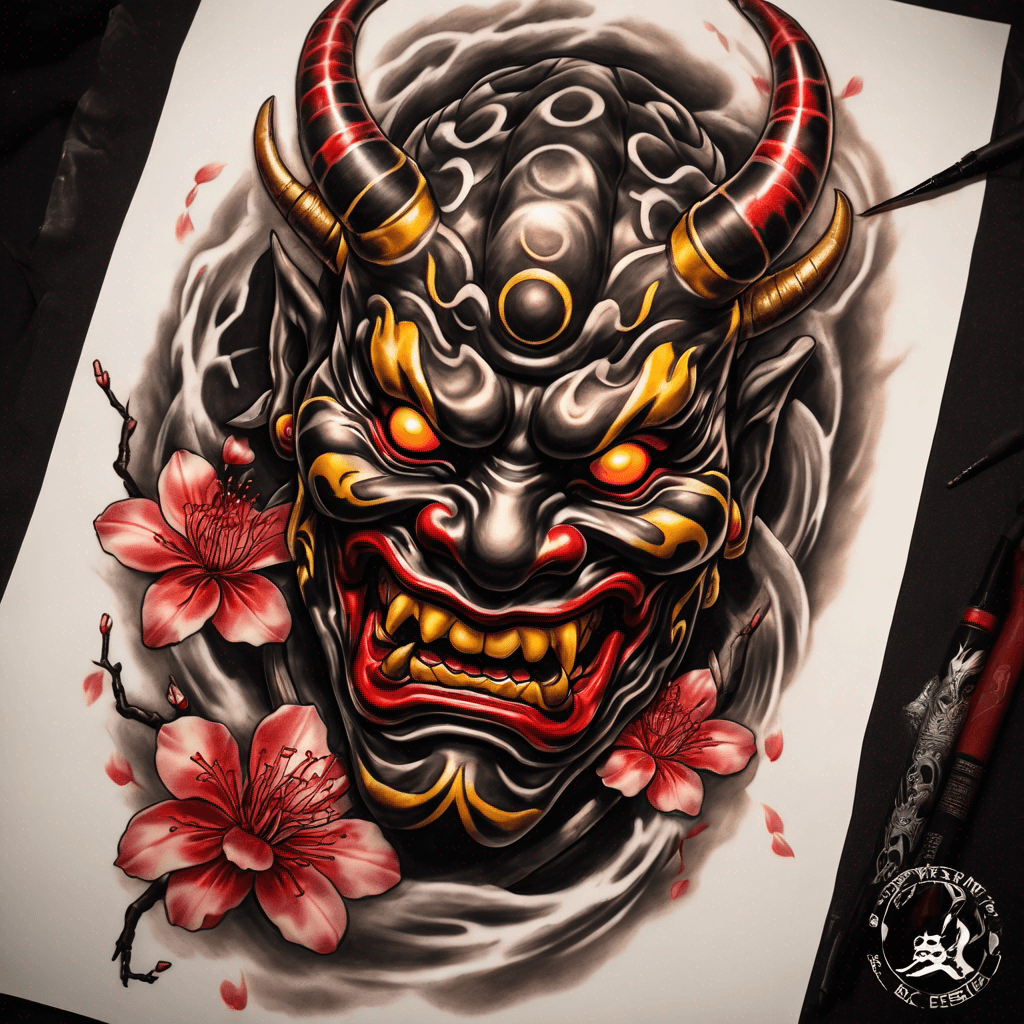 “Japanese oni mask tattoo design for shin placement, bold traditional style, swirling black smoke background, red oni with sharp horns and glowing yellow eyes, dynamic wind bars, cherry blossom petals drifting through smoke, intricate linework and shading, full leg flow, tattoo stencil lighting”